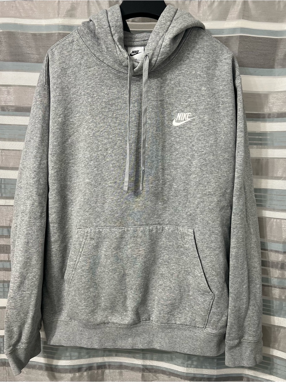 Nike Gray Pullover Hoodie with White Embroidered Swoosh-Flaw on String